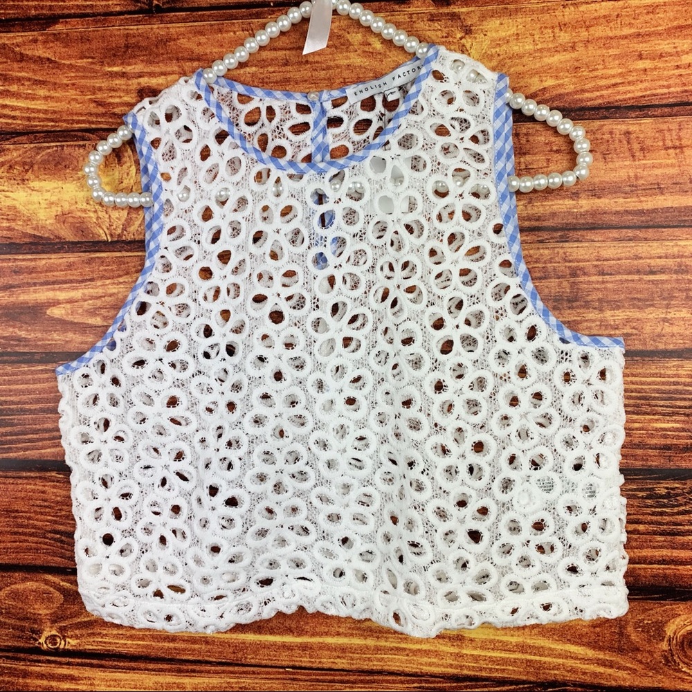 English Factory White Blue Floral Chunky Lace Eyelet Gingham Crop Top size Large